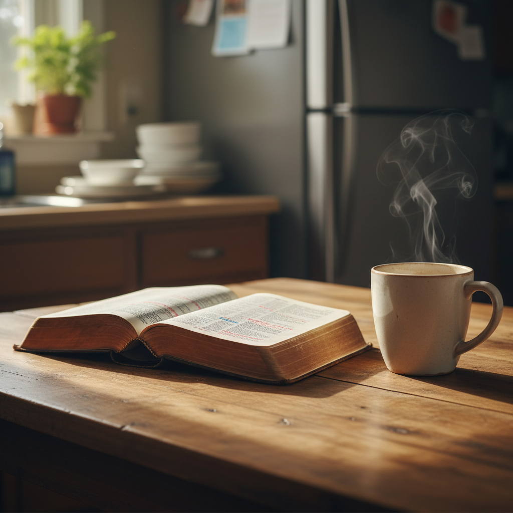 A well-worn leather-bound Bible lying open on a simple wooden kitchen table, its thin pages slightly curled and underlined in several places. A ceramic mug with faint tea stains sits nearby, a wisp of steam rising gently. Soft morning sunlight filters through an unseen window, casting warm, angled light across the text and creating long, quiet shadows. In the blurred background, hints of an ordinary home—an out-of-focus refrigerator, a plant on a windowsill—suggest everyday life. Photographic realism, eye-level composition with a shallow depth of field keeps the focus on the open pages, conveying a mood of quiet hope, honesty, and reflective faith amid real, unpolished surroundings.
