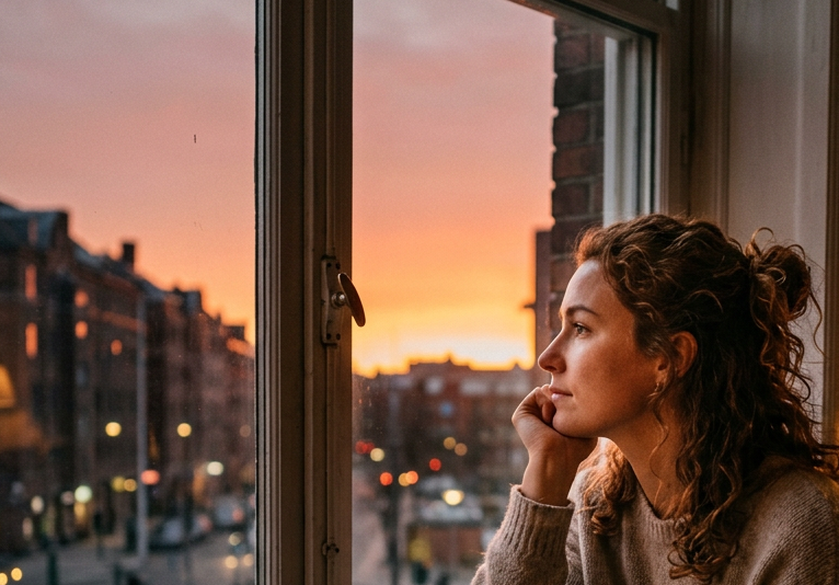 Woman sitting by window looking out at city sunset with warm indoor lighting