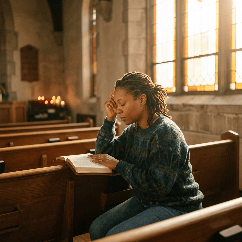 Woman reading an open book and reflecting in a church pew